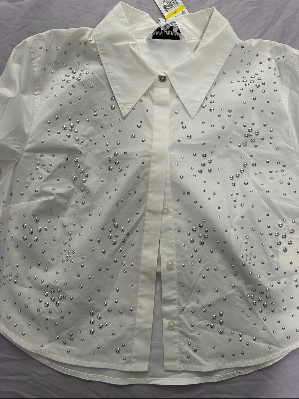 NWT White Poplin Silver Studded Button Down Long Sleeve Shirt Embellished